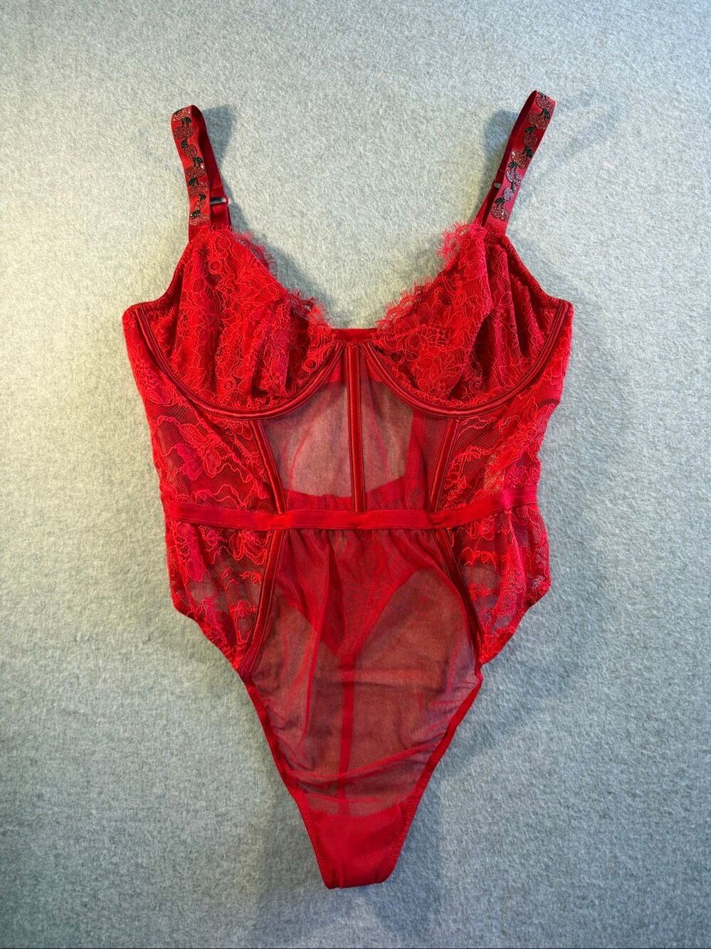 Victoria's Secret sexy red cherry rhinestone lace teddy bodysuit XL